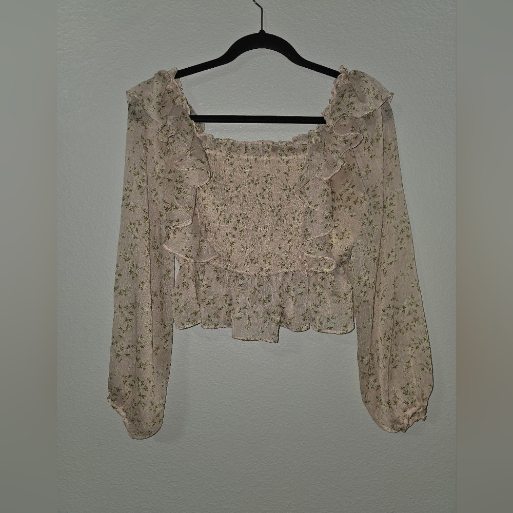 Bohme Floral Ruffle Blouse - Cream and Green